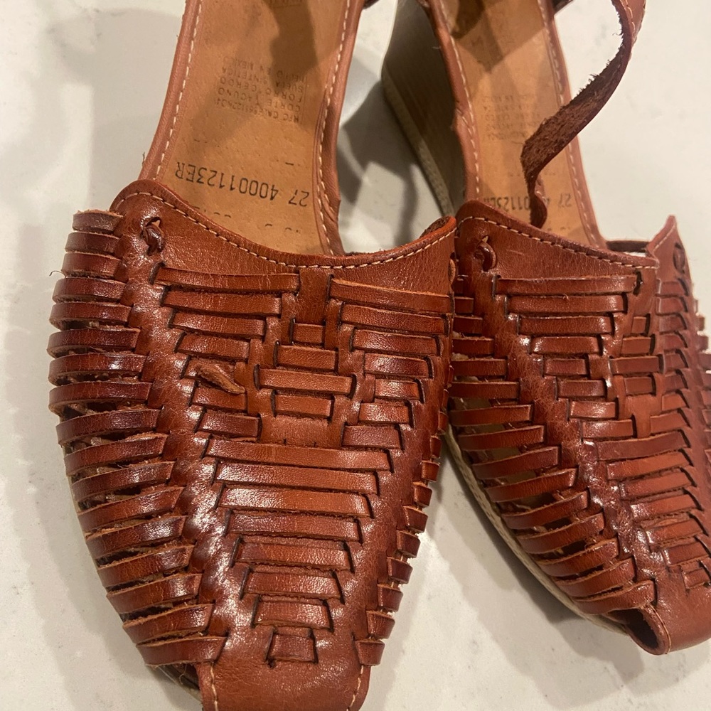 Maya Brown Woven Leather Wedge Sandals - Picture 3 of 10